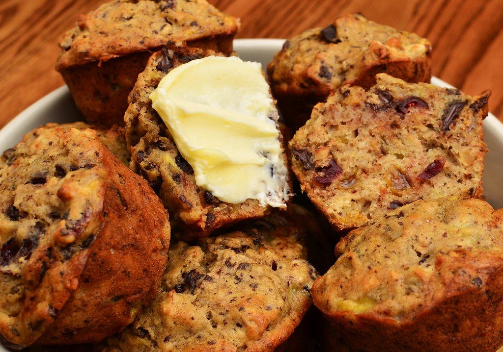 A photo of chocolate chip muffin