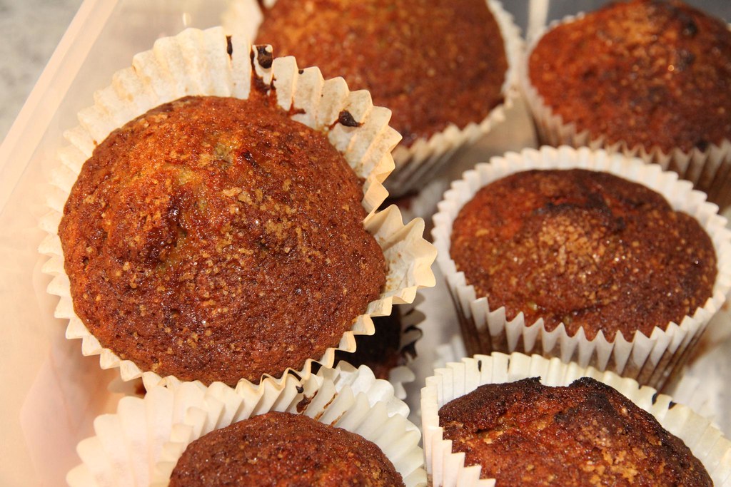 Banana muffins in paper liners, close up